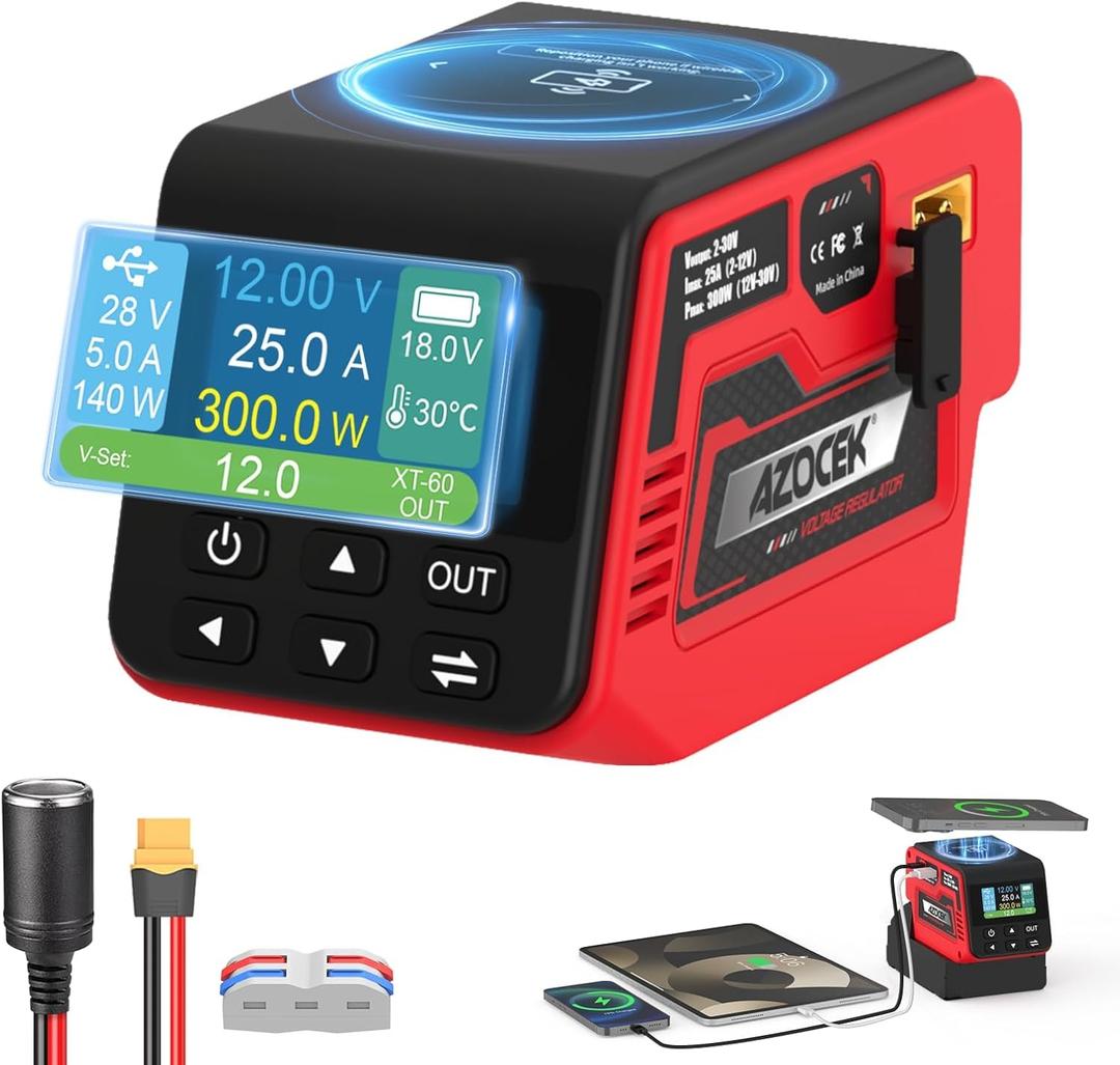 Azocek 300W Adjustable Voltage Regulator Compatible with Milwaukee 18V Battery (Battery Not Included), 230V DC Output, Up to 25A, 140W Type-C PD Fast Charging, 15W Wireless Charger, 1.9" LCD Display