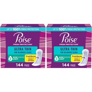 Poise Ultra Thin Incontinence Pads & Postpartum Pads for Bladder Leaks, 3 Drop Light Absorbency, Regular Length, 144 Count (Pack of 3)