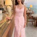 Womens Sexy High Slit Maxi Dress Sleeveless Square Neck Formal Wedding Party Guest Prom Bodycon Ruched Dresses (Pink)