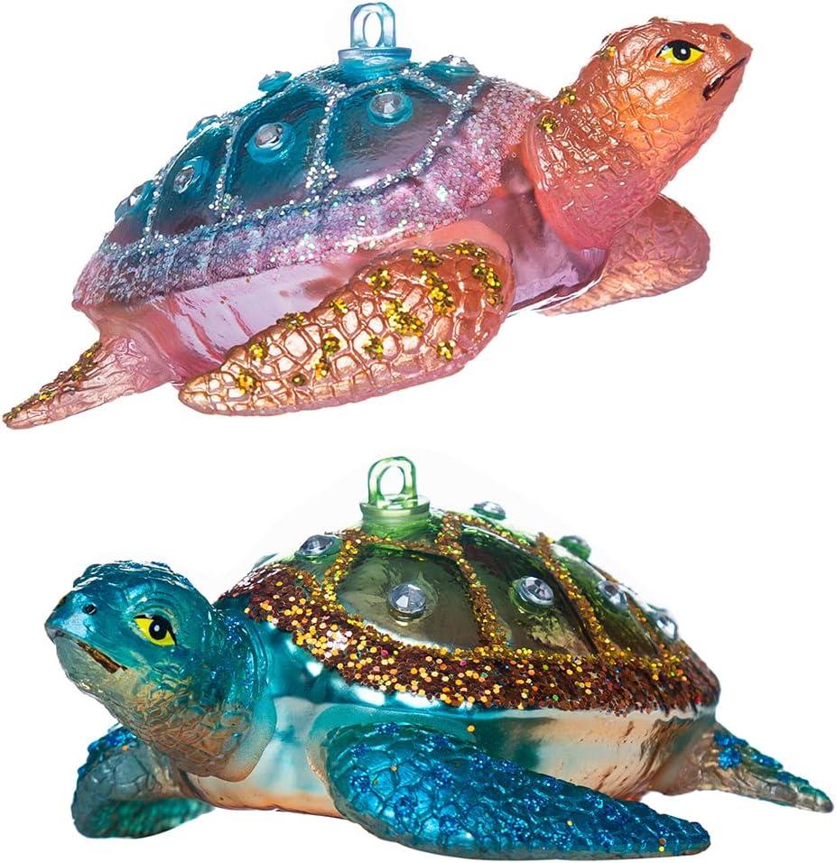 Set of 2 Hanging Sea Turtle Christmas Ornament, Hand Blown Resin Glass Sea Turtle Ornaments for Christmas Tree