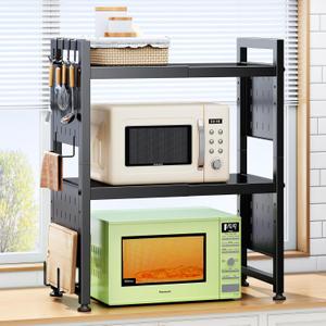 Expandable Microwave Stand, Heavy Duty 3-Tier Adjustable Microwave Oven Rack Shelf with 8 Hooks & 2 Holders, Space-saving Kitchen Counter Shelf for kitchen organizers and storage, 200lbs Capacity (Black)