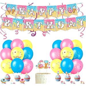 Birthday Party Decorations, Ice Cream Drip Theme Banner, Balloons, Hanging Swirls Cake Toppers,