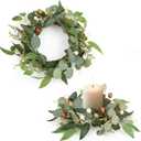 2 Pcs 4 Inch Mini Eucalyptus Wreaths for Candles, Spring Candle Rings with Olive Leaves Berries Candle Garland Pillar 3.94 Inch Small Wreath Decor for Centerpiece Cabinet Table