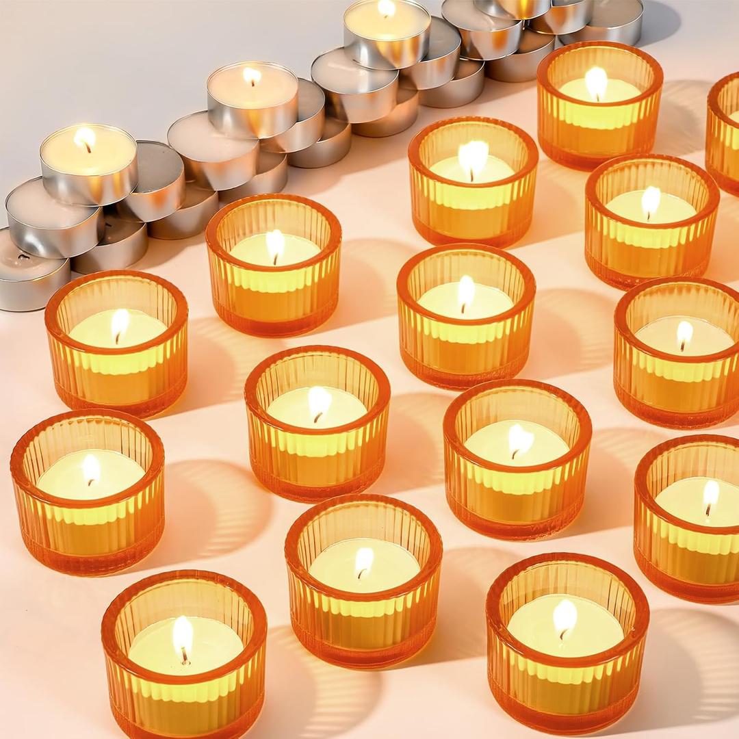 32 Set Tealight Candles with Gold Candle Holders Unscented Smokeless Votive Candles for Table Centerpiece Glass Ribbed Tealight Holders Bulk for Home Living Room Wedding Christmas Birthday