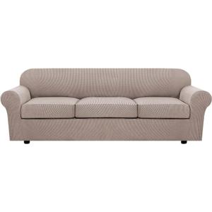4 Piece Stretch Sofa Covers for 3 Cushion Couch Covers Furniture Slipcovers (1 Base Cover Plus 3 Seat Cushion Covers) Thicker Jacquard Fabric Cover (XL Sofa, Khaki Sand)