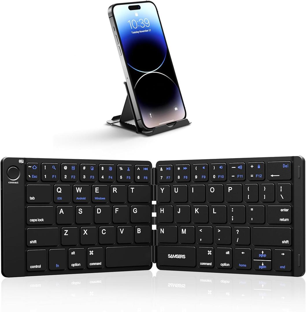 Samsers Foldable Bluetooth Keyboard  Portable Wireless Keyboard with Stand Holder, Rechargeable Full Size Ultra Slim Folding, Compatible iOS Android Windows Smartphone Tablet and Laptop  Black