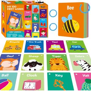 50 PCS First Word Flashcards, Double Sided Learning Cards Alphabet, Foods, Animals, Shapes, Colors, Vehicle, Body Parts with 2 Reclosable Rings, Learning Tool for Pre-K Kindergarten Toddlers