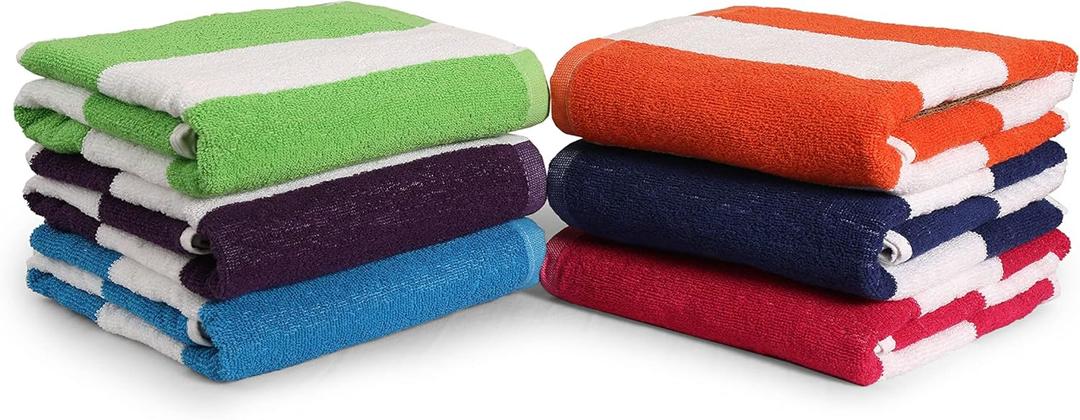 BolBom*S Bath Towel Set 6 Pack,30 x 60 Inches Large 100% Cotton Cabana Stripe Beach Towel Soft,Absorbent and Quick Dry Towels for Bathroom,Pool, Beach, Swim and Yoga,Bathroom Towels for Daily Use (Green, Yellow, Purple, Turquoise, Orange, Bue, Pink)