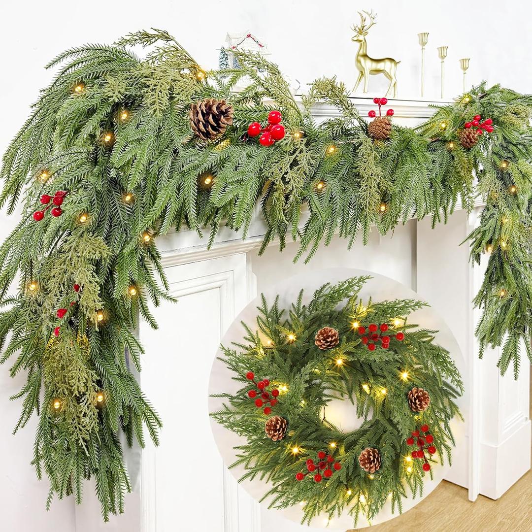 6 Ft by 10 Inch Prelit Christmas Garland with Lights Timer 8 Modes, Real Touch Norfolk Pine Garland 100 Pine Cypress Tips Pinecones Berried Cedar Garlands Thick Greenery Garlands for Home Table Mantle