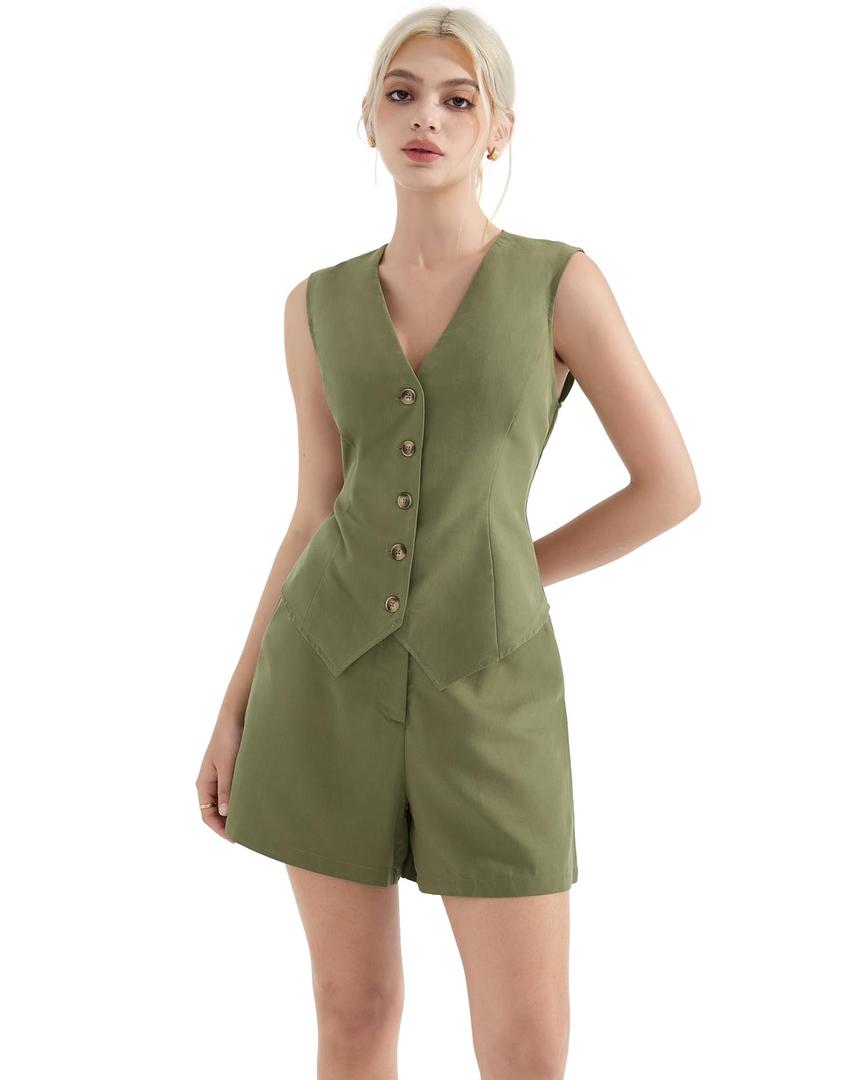 SUUKSESS Women's Summer 2 Piece Sets Button Down V Neck Vest Pockets Shorts Sets(Army Green, S)