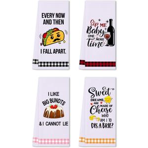 LXOMILL Funny Kitchen Towels, Cute Decorative Dish Towels Sets, Absorbent Waffle Hand Towels, Housewarming Gifts for New Home, Women, Mom, Set of 4, Funny House Warming Presents, Hostess Gifts (4 Pack-food)