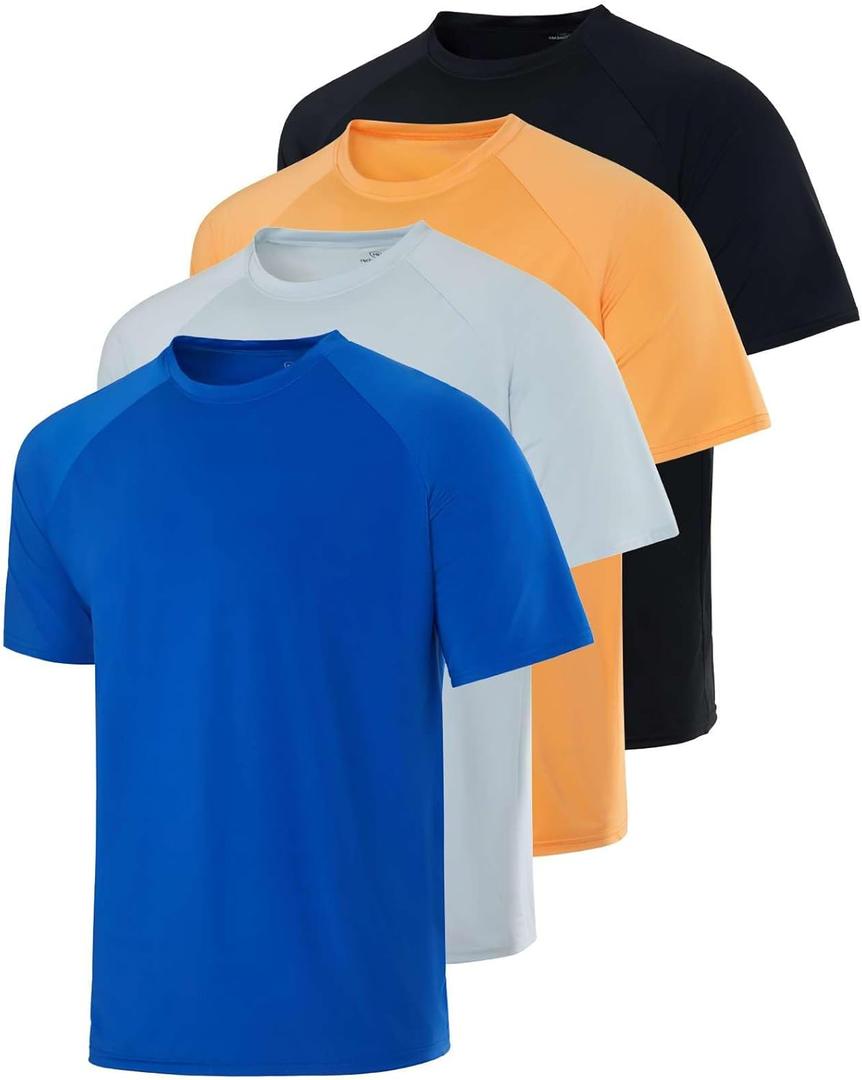 Real Essentials 4 Pack: Mens Short Sleeve Rash Guard Shirt Quick Dry UPF 50+ Sun Protection Swim,  Small