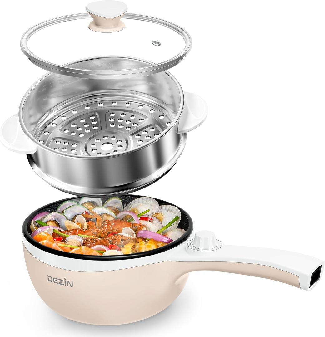 Dezin Hot Pot Electric with Steamer Upgraded, Non-Stick Saut Pan, Rapid Noodles Electric Pot, 1.5L Mini Pot for Steak, Egg, Fried Rice, Ramen, Oatmeal, Soup with Power Adjustment