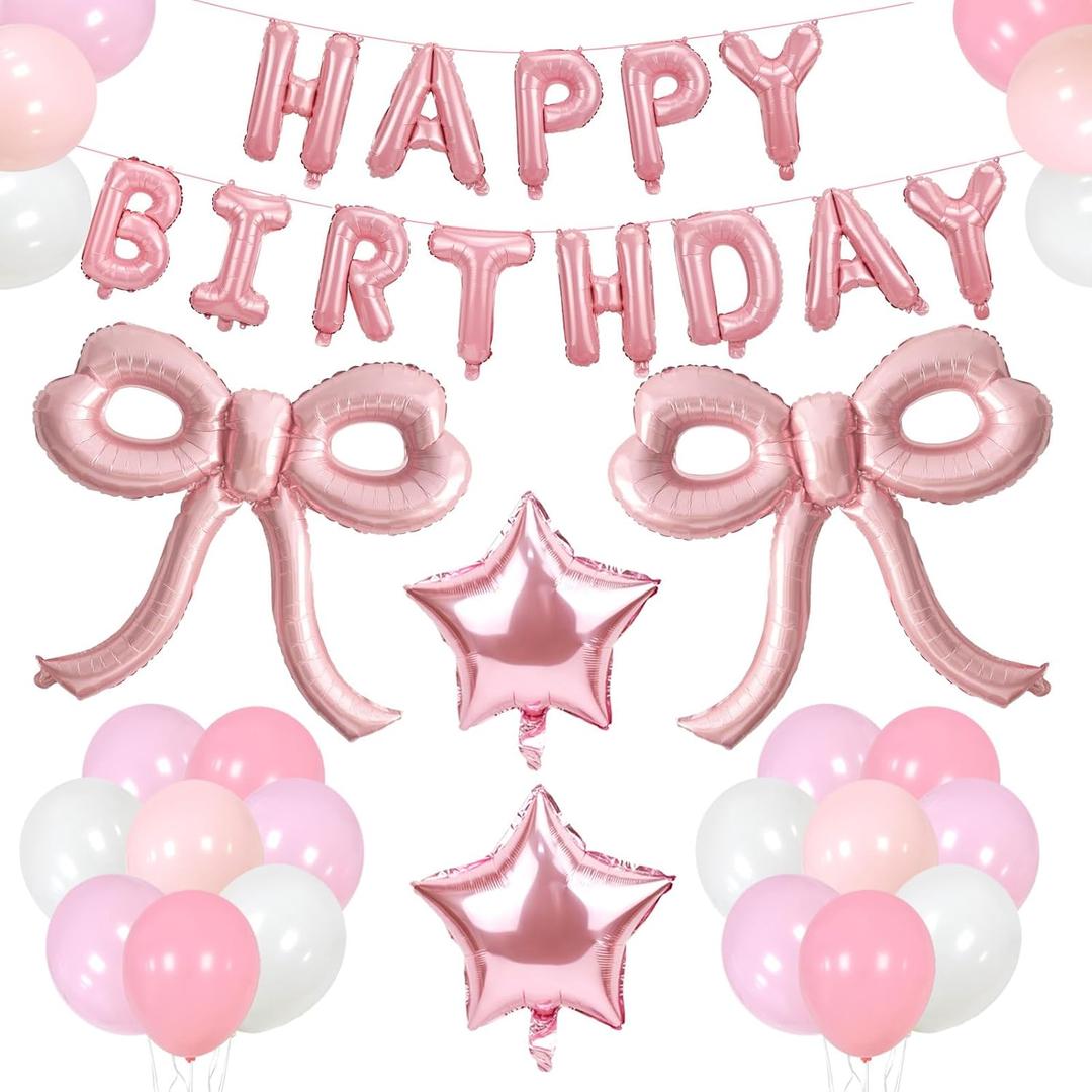 Bow Party Decorations Pink Happy Birthday Balloons Banner Pink Birthday Decorations Bow Balloons for Women Girls Birthday Decor Party Supplies