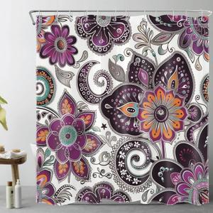 LB Bohemian Paisley Floral Shower Curtain Purple and Black Flower Pattern Boho Bathroom Shower Curtain Retro Abstract Bathroom Curtain with Hooks 72Lx72W Inch Polyester Fabric Bath Curtain (Grey)