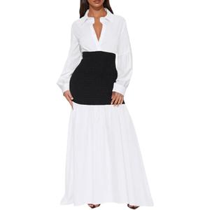 Ekaliy Women's Puff Long Sleeve Shirt Dress Elegant Button Down Loose Swing Party Maxi Dress (White)