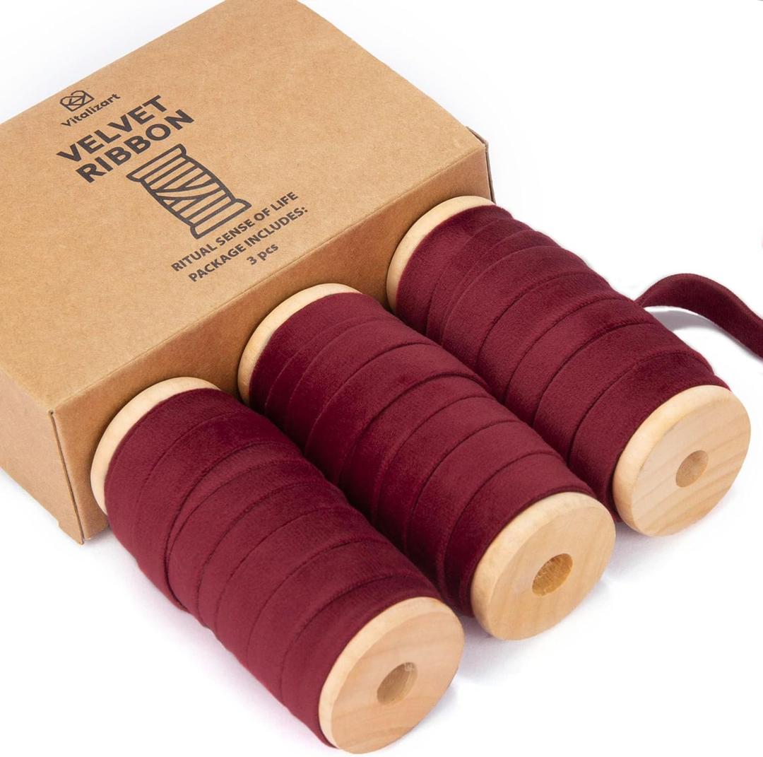 2 x Vitalizart Red Velvet Ribbon Set 3/8" x 15 Yd Burgundy Wooden Spool Fabric Trim 3 Rolls * 5 Yd for Christmas Wreath Decoration Handmade Craft Ornaments Gift Wrapping & Bow Making