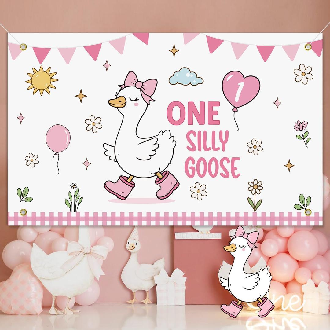 2 x One Silly Goose Birthday Backdrop Banner Decor Girl, 3 x 5Ft Silly Goose Pink Bow First Birthday Decorations for Girl Photo Props