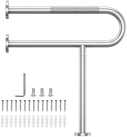 Toilet Grab Bar with Leg, Floor Mounted Knurled Safety Rail, Heavy Duty Brushed Nickel Stainless Steel Support Handle, Bathroom Stand Assist, Non-Slip Mobility Aid for Elderly, Disabled, 31 Inch