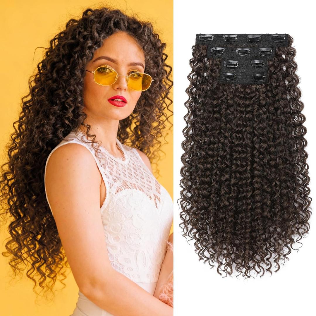 REECHO Curly Hair Extensions - 4PCS Clip In Hair Extensions Kinky Curly Clip Ins 3B 3C 4A Full Head Long Soft Synthetic Hairpiece for Women, Chocolate Brown