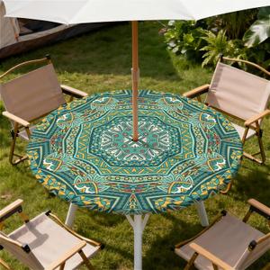 Round Outdoor Tablecloth with Umbrella Hole, Zippered Fitted Waterproof Tablecover with Elastic Edge Fits 37"-44" Round Tables for Patio Picnic Garden Camping Party, Mandala Green Pattern