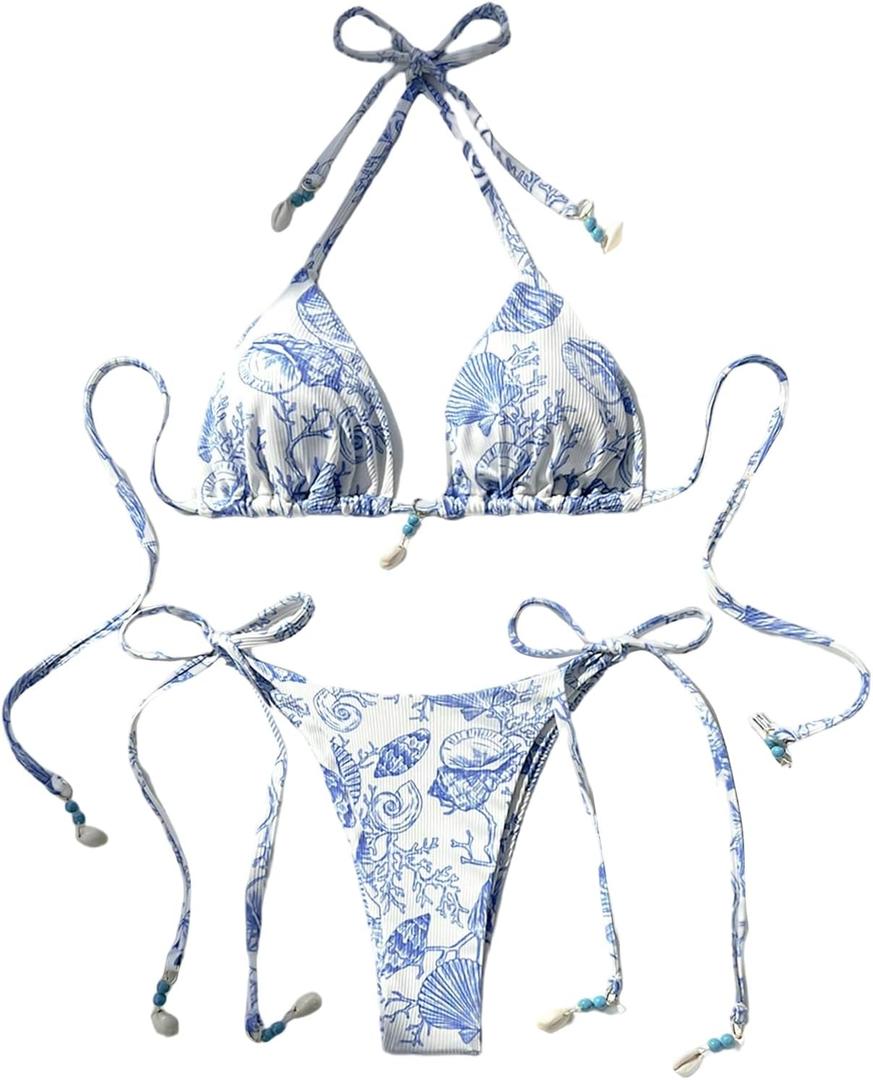 BEAUDRM Women 2 Piece Swimsuit Seashell Print Halter Triangle Thong Boho Seashell Swimwear (Blue, L)
