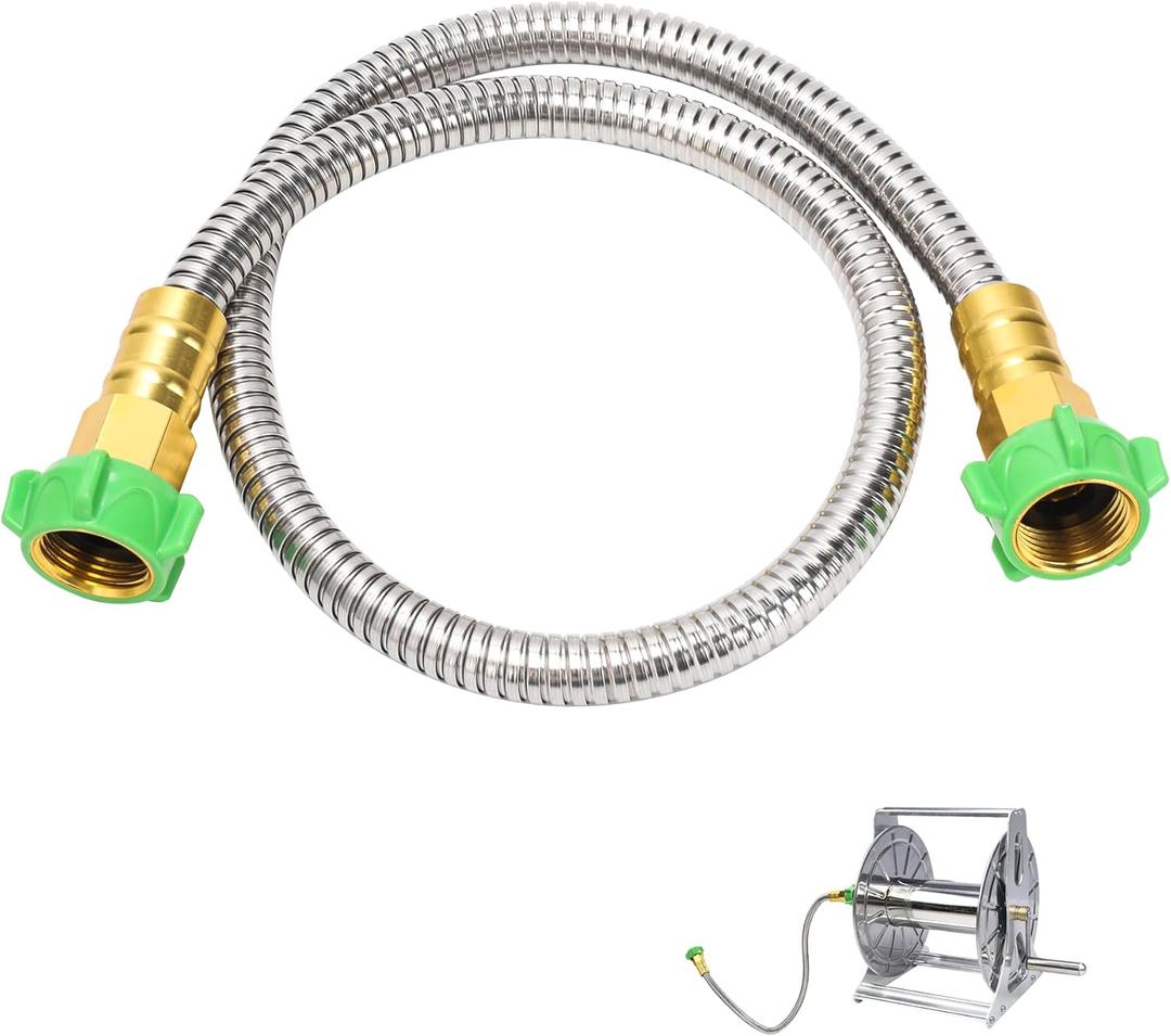 3FT Short Garden Hose Female to Female Stainless Steel Leader Hose for Hose Reel, Kink-Free Flexible Metal Water Hose, Leakproof Durable Designy for Outdoor Garden, Pet Washing, Car