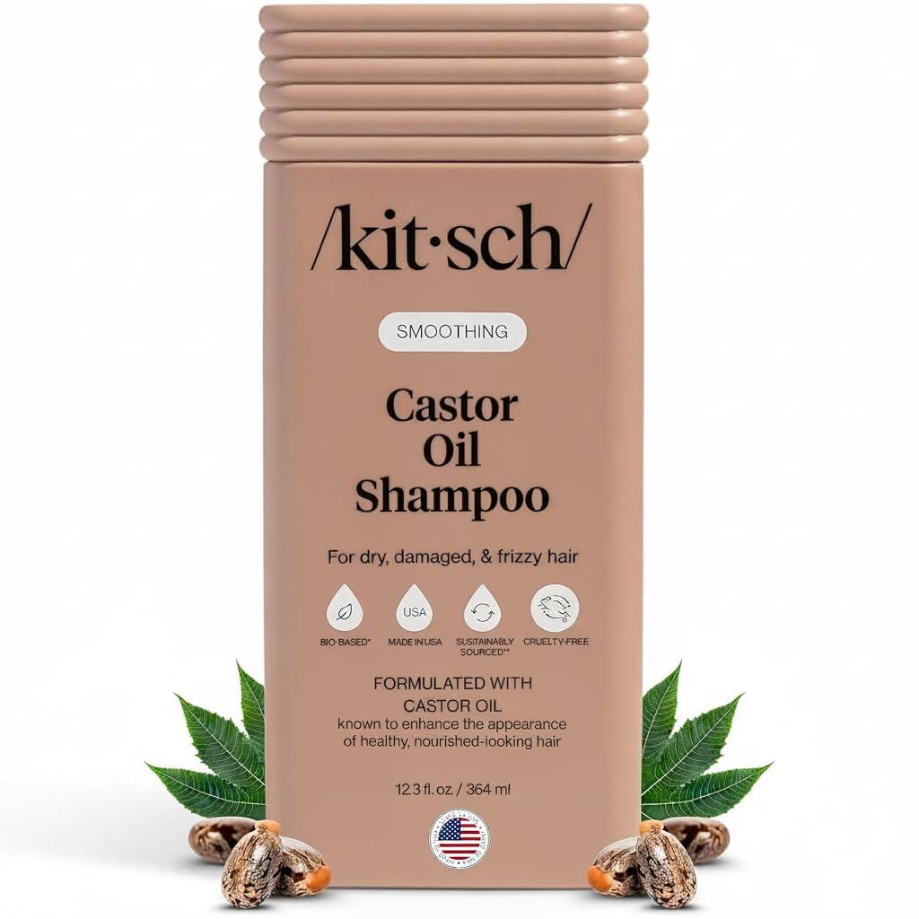 Kitsch Smoothing Castor Oil Liquid Shampoo  Nourishing Hair Shampoo for Men and Women  Smooths Dry, Damaged & Frizzy Hair  Clean, Bio-Based, Color-Safe Hair Care, Made in USA  12.3 oz