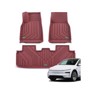 YHTAUTO Floor Mats Compatible with Tesla Model Y Juniper 2025 2026 (5-Seat), TPE Floor Liners All Weather Custom Fit, 1st & 2nd Row, Set of 3, Red