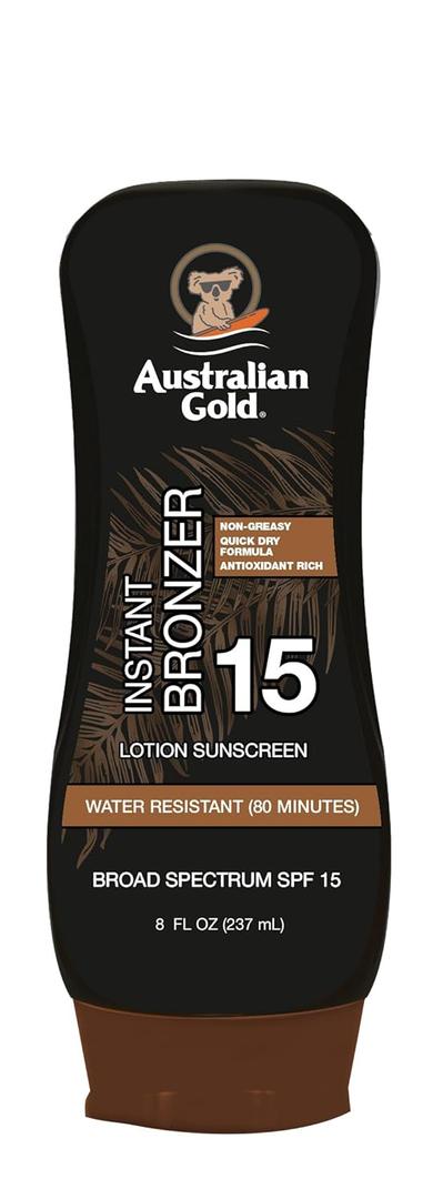 Australian Gold Sunscreen Lotion with Instant Bronzer SPF 15, 8 Ounce | Broad Spectrum | Water Resistant | Non-Greasy | SPF 15 8 Fl Oz (Pack of 1), BBD April 2028