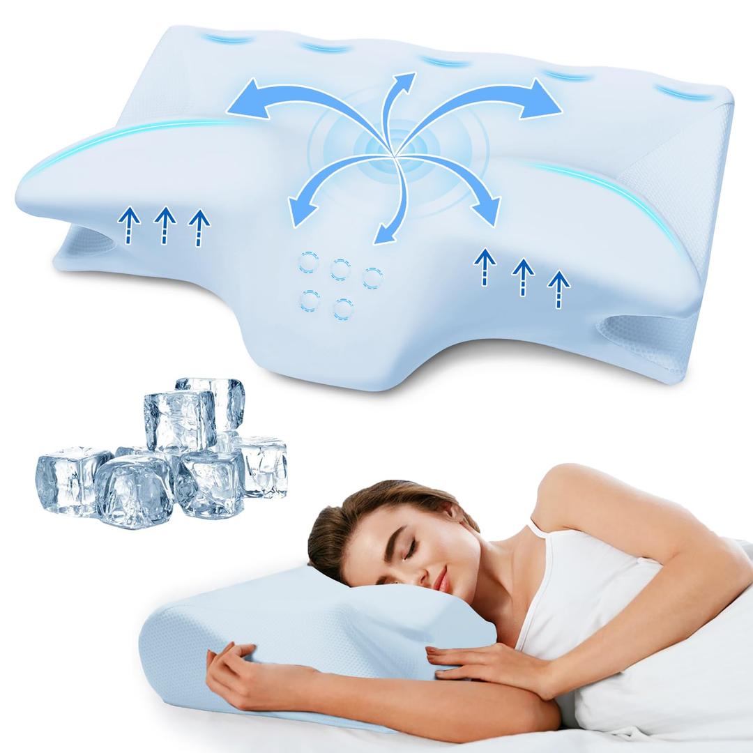 Cervical Pillow for Neck Pain Relief, Cooling Contour Memory Foam Pillows Support Odorless Ergonomic Neck Pillow Adjustable Orthopedic Bed Pillow for Side Back Stomach Sleeper with Pillowcase,Blue