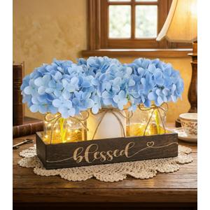 Farmhouse Mason Jar Table Centerpiece with Blue Hydrangea Flowers, Lighted Artificial Floral Arrangement with Wood Tray, Rustic Table Decor for Kitchen Coffee Table Living Room Home