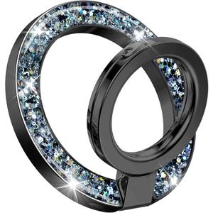 GVIEWIN Magnetic Phone Ring Holder, Compatible with MagSafe Phone Grip with Adjustable Stand, Magnet Phone Ring Kickstand for iPhone 16 Pro Max/Plus/15/14/13/12 Series/Other Phones (Glitter/Black)