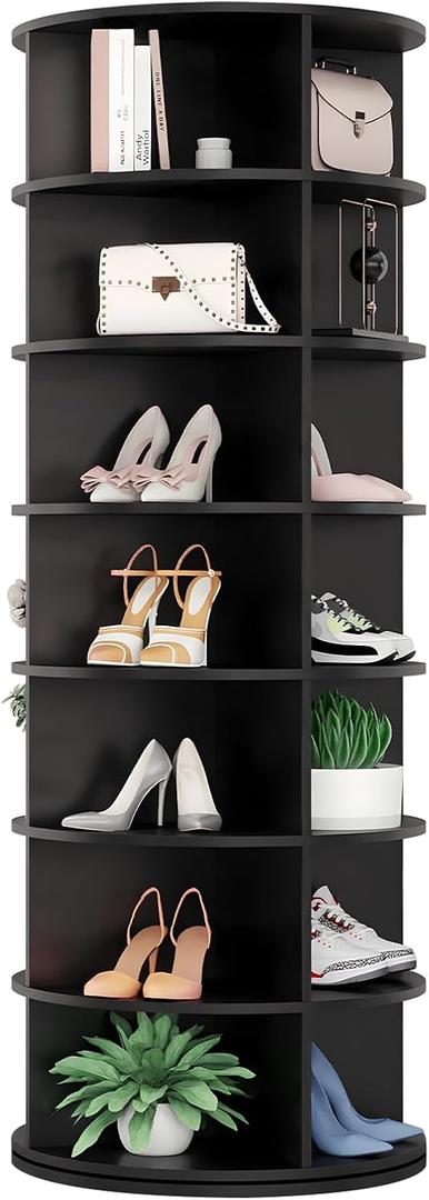 Hestiasko Rotating Shoe Rack, 7-Tier Spinning Shoe Rack, Free Standing Rotating Shoe Rack Tower 360, Easy to Assemble, Space-Saving Revolving Shoe Organizer for Entryway - Black