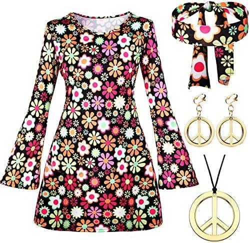 Haysandy 70s 80s Women Hippie Costume Set Disco Outfit Peace Sign Earring Necklace Headband Dress for Women Halloween Party M