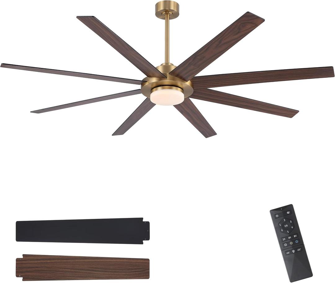 WINGBO 72" Ceiling Fan with Light and Remote Control, 6 Speed Reversible DC Motor, Dimmable LED Light, for Home and Commercial Use, Living Room/Shop/Warehouse Gold Black/Walnut