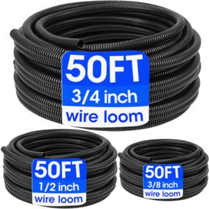 Wire Loom 3/8", 1/2", 3/4 Inch x 50 FT, Split Wire Loom Tubing Wire Conduit, Wire Protector Tubing, Cable Sleeves Bulk, Black