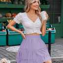 THHGPO Women's Basic Mini Skirts Versatile Flared Cotton Ruffle Elastic Waist A-Line Casual Short Skirt (Purple, M)