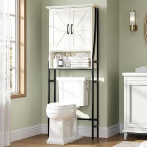 Over The Toilet Storage Cabinet, Over Toilet Bathroom Organizer, Above Toilet Storage Cabinet with Barn Doors Behind Toilet Bathroom Organizer (Cream White)