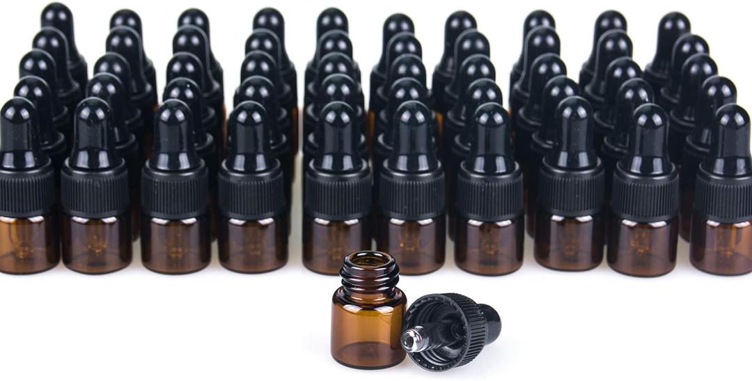 Sample Dropper Bottles, Mini Dropper Bottles with 2 Pcs Plastic Droppers for Traveling Essential Oils DIY Cosmetic Liquid Sample Perfume (Amber, 1ML)