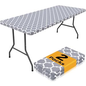 Smiry 2 Pack Rectangle Table Cloth 4 Foot, Waterproof Elastic Fitted Tablecloths, Windproof Washable Polyester Table Cover for Picnic, Camping, Outdoor (Grey, 24"x48")