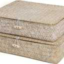 Flat Wicker Shelf Baskets with Lid, Seagrass Woven Basket Boxes for Storage Basket Bins Multipurpose Home Decor Organizer (Whitewash Set of 2)