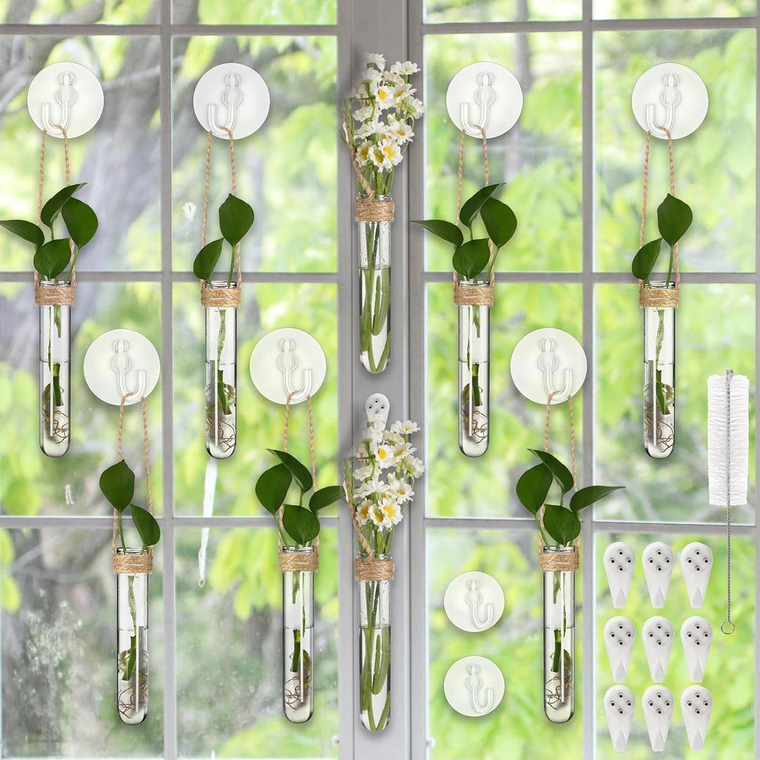 Baderke 9 Pack 5" Clear Window Propagation Stations Plastic Window Planter with Suction Cups & Traceless Nails, Propagated Plant Holders with Bottle Brush, Wall Hanging Planter Vases Terrarium Gifts