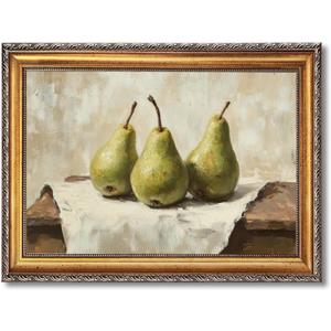 Licpach Large Framed Wall Art Vintage Rustic Pear Still Life Poster Canvas Print Farmhouse Kitchen Antique Fruit Poster Cottagecore Aesthetic Painting for Gallery Home Decor 24x36inch Golden Frame