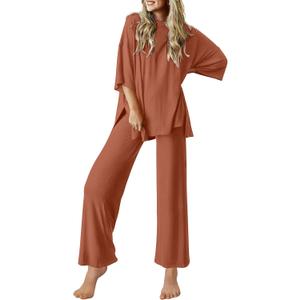 Ekouaer Lounge Sets for Women Short Sleeve Tops and Long Pants Soft Comfy Pajamas Set 2 Piece Outfits (Large, Camel)