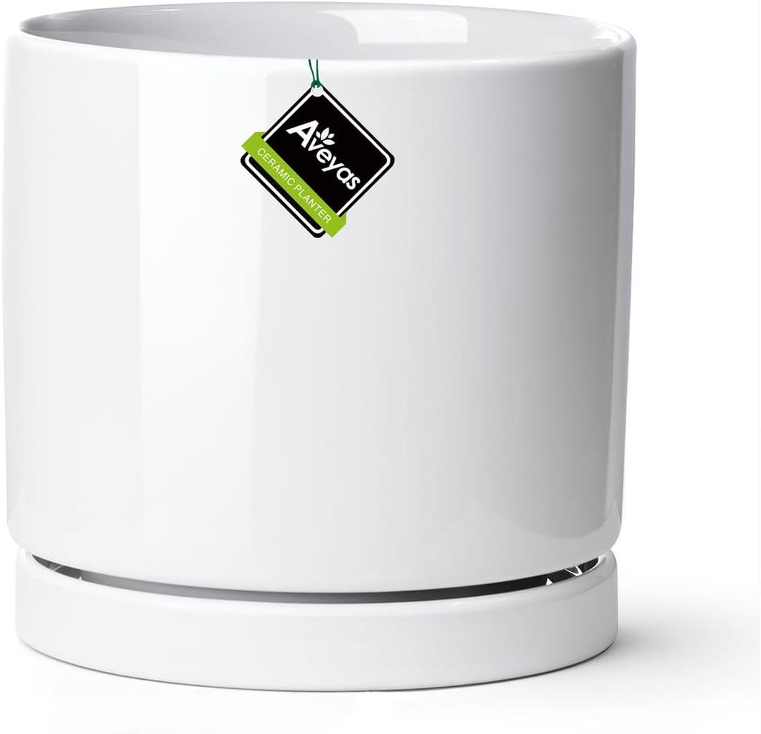 Aveyas 10 inch Ceramic Planter Pot with Drainage Hole and Saucer - Suitable for Indoor and Outdoor Use, Modern Planters for House Garden Flower Tree Snake Monstera Plants (10", Glossy White)