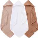 Sunny zzzZZ Muslin Hooded Baby Bath Towels - 3 Pack 100% Cotton Soft Low-Saturation Pastel Towels Including Classic White for Newborns, Infants, Toddlers - 32x32 Inch - Light Bean Paste and White