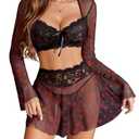 Avidlove Women's Sexy Contrast Lace Mesh Lingerie Set 3pcs Bell-Sleeved Top Lingerie Skirt Size S