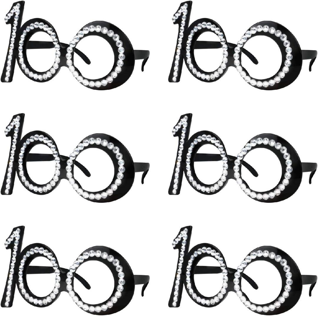 Ocean Line 100th Birthday Glasses - 100 Days of School Photo Booth Props for Anniversary Celebration Decoration, Plastic Frame with Crystal Party Favors, Novelty Eyewear for Kids and Adults 6 Pack