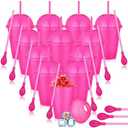 Ninehaoou 12 Sets Slushie Cups with Dome Lids and Straws Detachable Spoon Straws Reusable 16 oz Plastic Iced Coffee Cups Smoothie Tumbler for Birthdays Summer Party Supplies (Rose Red)